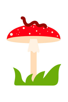 Red spotted mushroom with worm on cap growing in green grass. Whimsical toadstool illustration with white polka dots for nature, forest, fairy tale, autumn, and children's designs. High resolution PNG