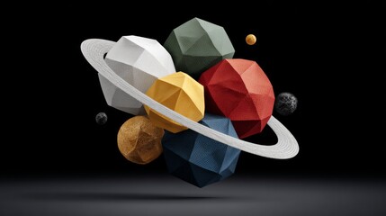 Colorful geometric planets with a textured surface, orbiting a stylized ring, creating a vibrant cosmic scene, showcasing the beauty of abstract space art and modern design elements