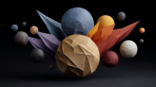 Colorful abstract 3D illustration of geometric shapes and spheres, featuring a dynamic arrangement of textured forms in various shades, creating a visually striking cosmic scene with depth and dimensi