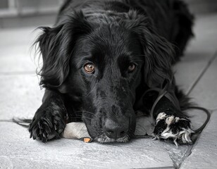 Black dog with soulful eyes lying down on a textured surface