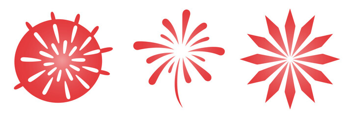 Red white blue firework rosettes, radial bursts, festive celebration set, patriotic palette, clean vector icons collection
