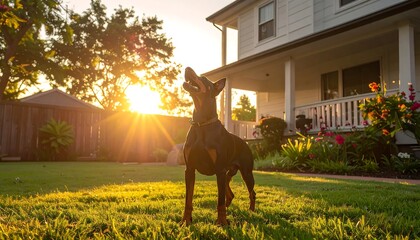 Black dog in the sunlit backyard of a white house