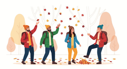Naklejka premium Joyful Group Of Friends Enjoying Autumn Season Outdoors With Falling Leaves