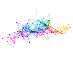 Abstract network colored dots connected by white lines on a black background form an irregular, dynamic shape