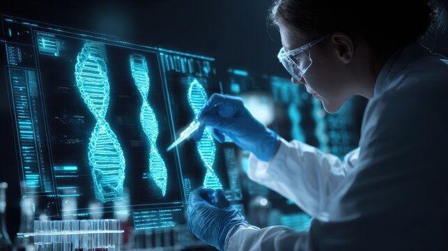 Scientist Analyzes DNA Sequences Using Advanced Technology in a Modern Laboratory Setting