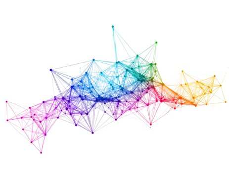 Abstract network colored dots connected by white lines on a black background form an irregular, dynamic shape