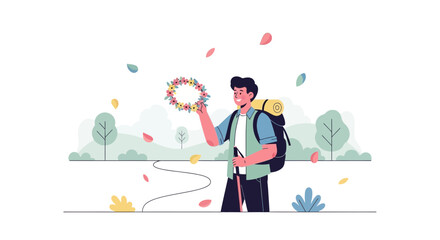 Obraz premium Joyful Hiker Displays Floral Wreath Amidst a Scenic Outdoor Recreation Adventure