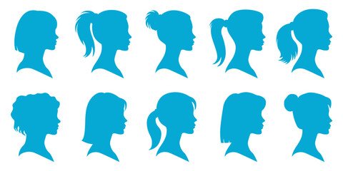 Female cameo head avatar silhouette set, modern hairstyle profiles for character design
