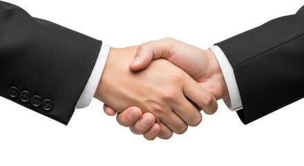 A strong and classic business handshake between two executives in matching black suits, signifying trust and commitment, isolated on a white background.