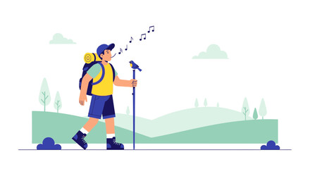 Joyful Hiker Whistles Song, Accompanied by Bird and Nature's Beautiful Landscape