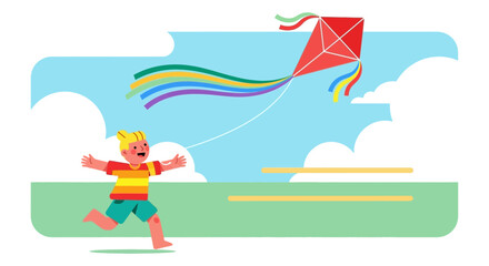 Joyful Child Playing With Bright Kite In Sky At The Park On A Sunny Day