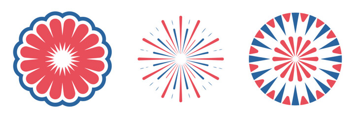 Single petal medallion, red scalloped rosette, blue centered ring, accompanying starbursts, patriotic fireworks concept, editable vector