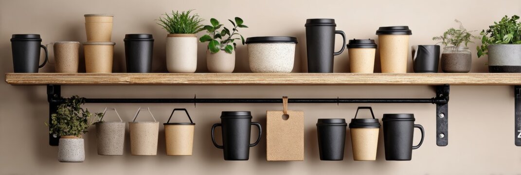 Neat Arrangement of Kitchenware and Plants on Wooden Shelf With Black Metal Brackets Creates a Modern, Minimalist Aesthetic