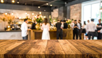 Wooden tabletop in front of a blurred cafe scene