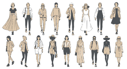 Diverse group of fashionable people walking linear art illustration silhouette