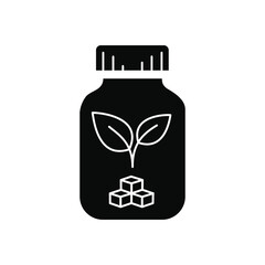 Vector art of black icon of a bottle with a plant sprout and cubes inside, symbolizing natural ingredients or supplements