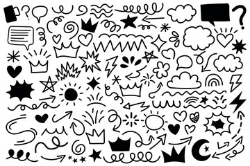 Hand drawn doodle elements, cute sketch icons with arrows stars hearts clouds and comic design shapes for decoration