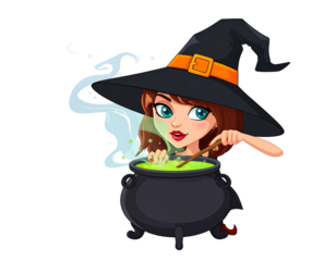 Cartoon witch stirring green potion in cauldron. Dark background