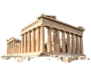 Fototapeta premium Ancient stone temple with columns, partially ruined, stands against a black background, sunny day