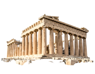Ancient stone temple with columns, partially ruined, stands against a black background, sunny day
