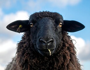 Close-up of a black sheep with a focused gaze and cloudy blue sky