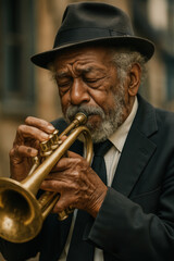 Elderly jazz musician playing trumpet.