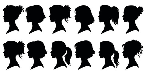 Black women head profile silhouettes, stylish female cameo vector collection