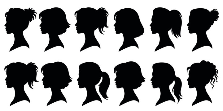 Black women head profile silhouettes, stylish female cameo vector collection