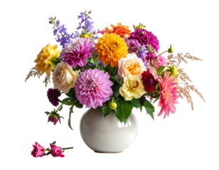 Colorful bouquet in white vase, dahlia, roses, lavender, and astilbe arrangement on black backdrop, with petals on the ground