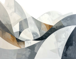 Abstract painting featuring geometric shapes, wavy lines, and grayscale coloring with tan accent hues