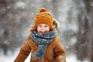 Young girl with brown hair wearing a cozy orange knitted hat and gray scarf, joyfully playing in falling snow, capturing the essence of winter fun and happiness