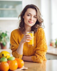 Young woman with long brown hair, wearing a cozy yellow sweater, enjoys a refreshing glass of orange juice in a bright kitchen surrounded by fresh fruits and a warm atmosphere