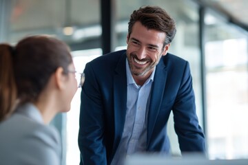 Businessman in a suit engaging with a female colleague in a modern office setting, showcasing teamwork and collaboration in a professional environment