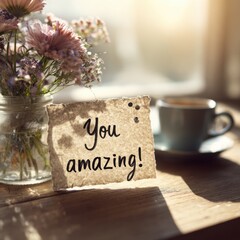 Beautiful floral arrangement in a glass jar beside a steaming cup of coffee on a rustic wooden table, featuring a handwritten note expressing positivity and encouragement