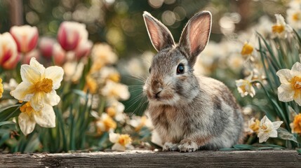 Gray rabbit resting on a wooden fence surrounded by vibrant flowers, including tulips and daffodils, in a sunny garden setting, showcasing the beauty of nature and wildlife