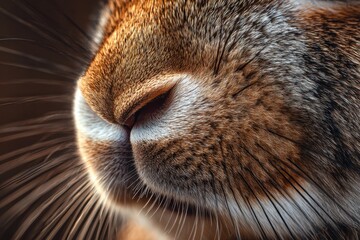 Close-up of a rabbit's nose showcasing intricate fur textures and whiskers, highlighting the delicate features of this adorable animal in a natural setting