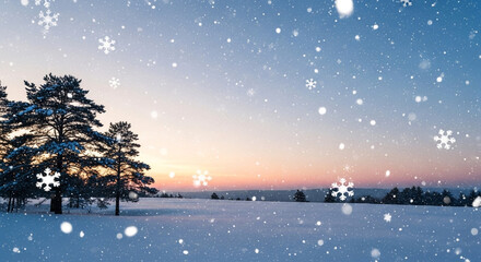 Naklejka premium Serene winter landscape with falling snow and silhouette of trees at sunset a beautiful scene