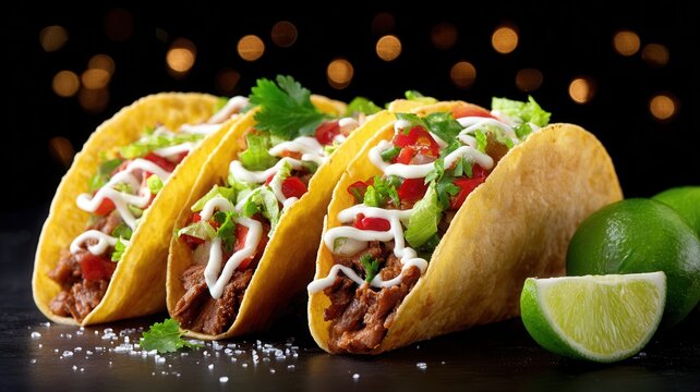 Three hard shell tacos filled with seasoned meat, fresh tomatoes, onions, cilantro, and crumbled with lime cheese. Served