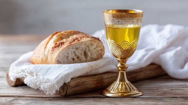 Holy communion bread slices a golden chalice with wine a white linen sacraments representing cloth, religious