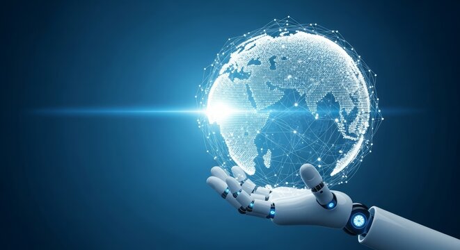 Futuristic robotic hand holding a glowing digital earth network, representing global technology and artificial intelligence