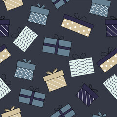 Elegant seamless pattern with colorful Christmas gift boxes on a dark blue background.