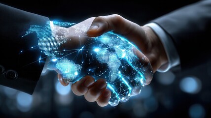 Two hands shaking, forming a digital world map a network of glowing lines, representing partnership technology and global