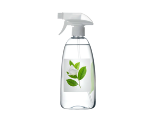 Clear spray bottle with white trigger sprayer, adorned with a floral label, on black