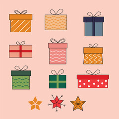 Minimal seamless Christmas pattern with colorful gift boxes arranged in a grid on a soft pink background.