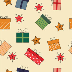 Festive seamless pattern featuring colorful gift boxes and stars on a beige background.