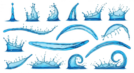 Dynamic liquid splashes and waves isolated on a transparent background water blue