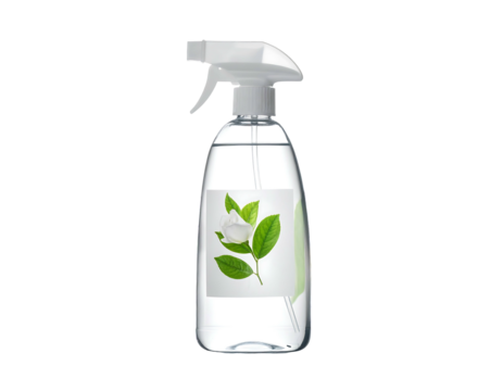Clear spray bottle with white trigger sprayer, adorned with a floral label, on black