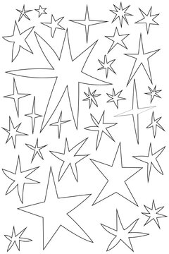 Collection of hand-drawn star outlines in various sizes and styles. Black and white scattered star pattern for backgrounds, decorations, celestial themes, night sky designs, and holiday projects. PNG 