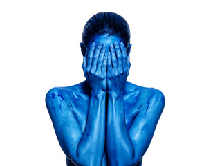 Blue painted woman hides face with hands, against a black background. Mysterious and dramatic art portrait