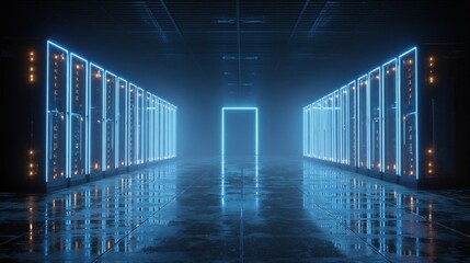 Futuristic data center with glowing blue lights, featuring rows of server racks and reflective floors, creating a high-tech atmosphere for digital innovation and technology